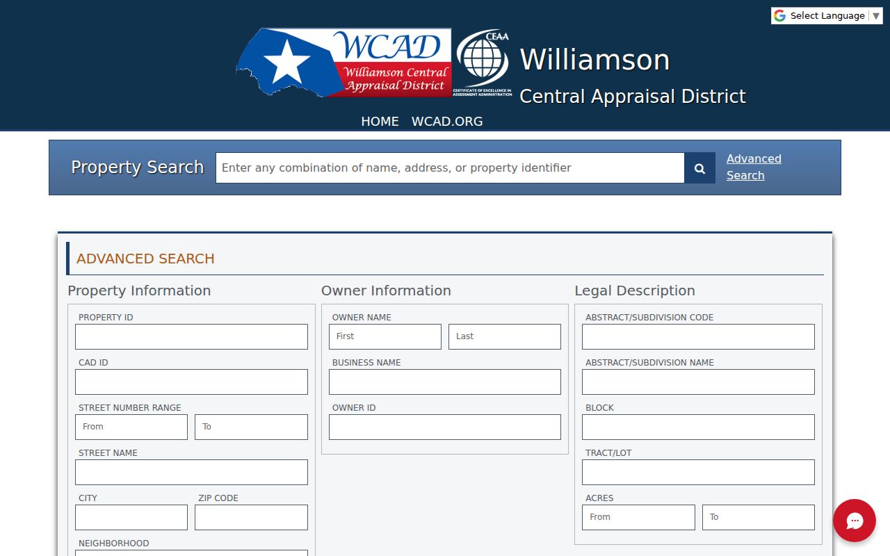 Georgetown residents directory WCAD advanced property search fields
